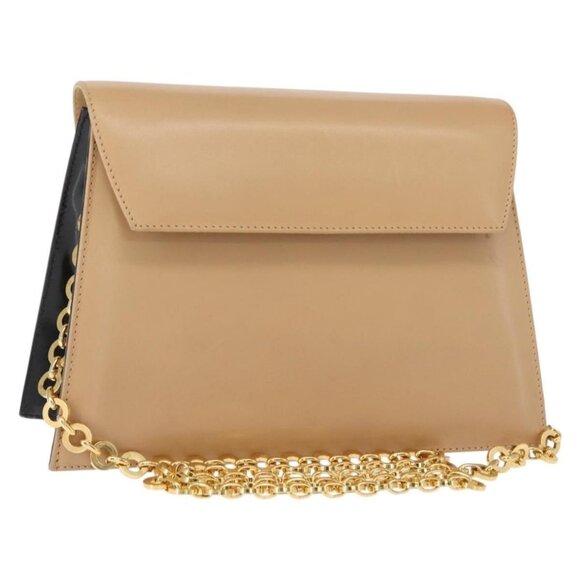 Authentic Salvatore Ferragamo Chain Shoulder Bag Leather Beige Gold